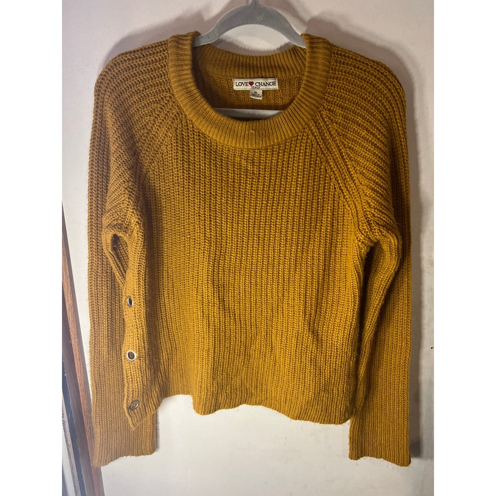 LOVE‎ CHANGE GOLD KNIT SWEATER BUTTON SIDE DETAIL XL CREW NECK LONG SLEEVE